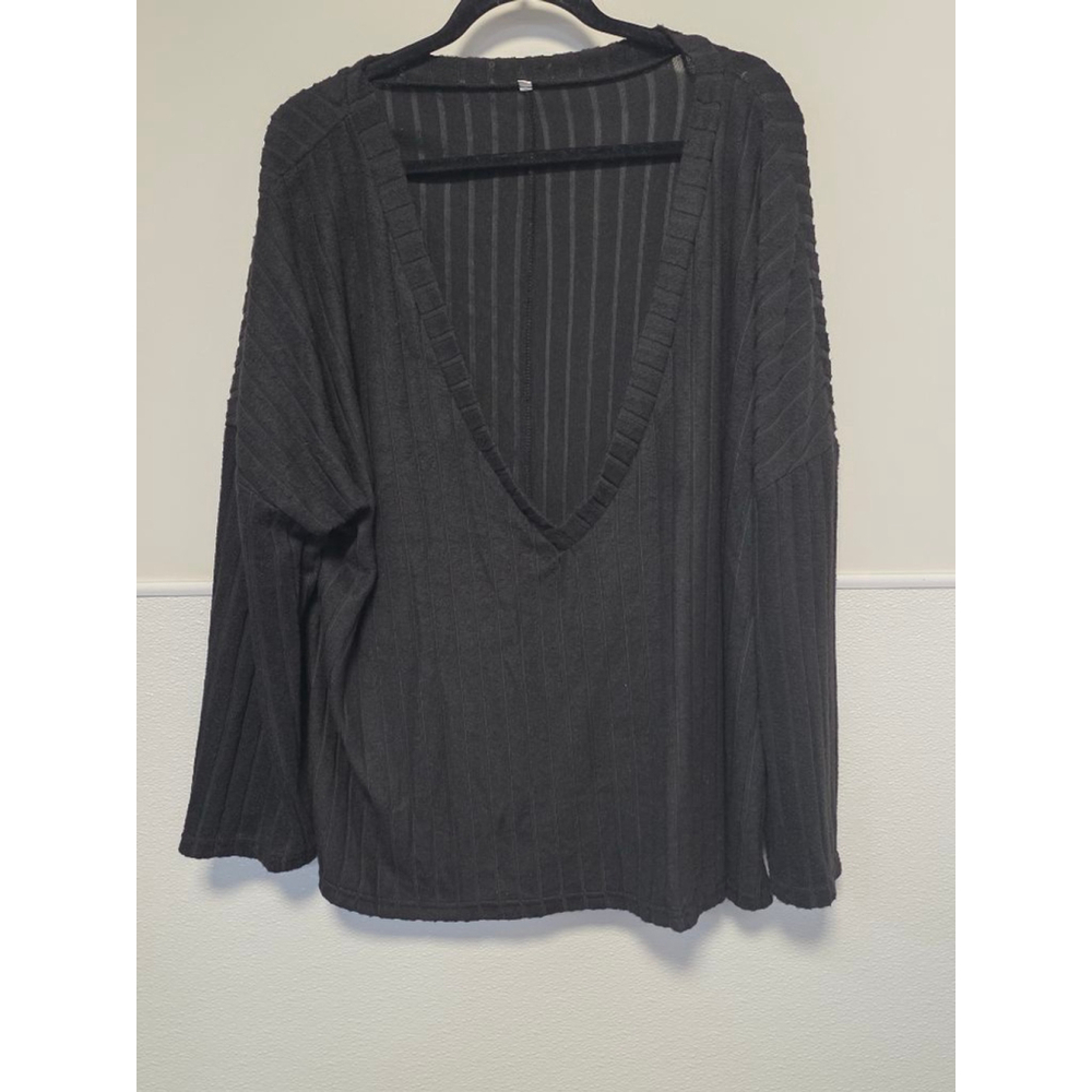 Women's Unbranded Black Ribbed Deep V-Neck Long‎ Sleeve Tee 4XL Runs Smaller